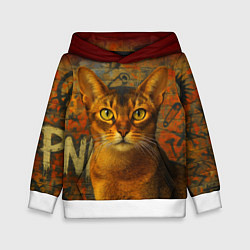 Толстовка-худи детская Абиссинская кошка на фоне кирпичной стены с граффи, цвет: 3D-белый