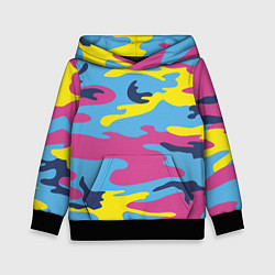 Толстовка-худи детская Камуфляж: голубой/розовый/желтый, цвет: 3D-черный