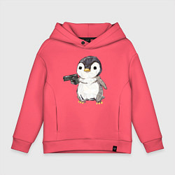Толстовка оверсайз детская Пингвин с пистолетом, цвет: коралловый