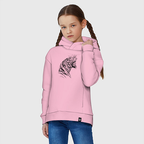 Детское худи оверсайз Чёрно белый рисунок тигра / Светло-розовый – фото 3