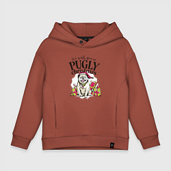 Толстовка оверсайз детская Pugly Christmas, цвет: кирпичный
