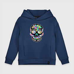 Толстовка оверсайз детская Чёрный мексиканский череп с разноцветными цветами, цвет: тёмно-синий