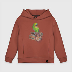 Толстовка оверсайз детская Зеленый попугай на сундуке с сокровищами, цвет: кирпичный