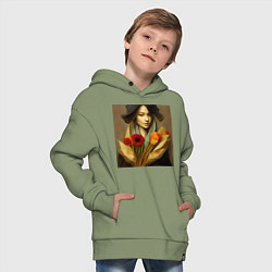 Толстовка оверсайз детская Девушка с цветами в стиле экспрессионизм, дизайн 1, цвет: авокадо — фото 2
