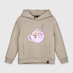 Толстовка оверсайз детская Kawaii с милым котенком в кружке, цвет: миндальный