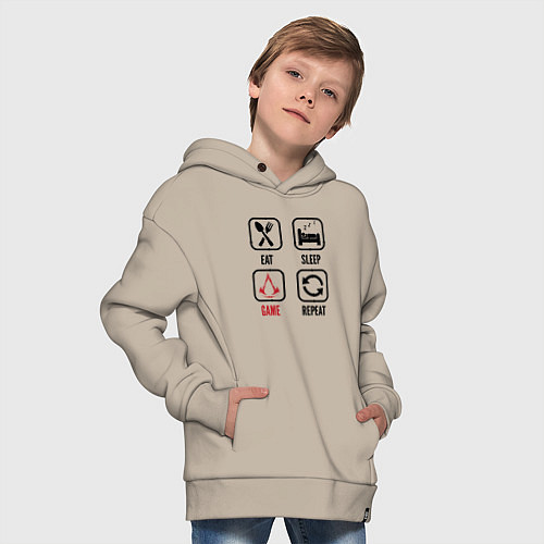 Детское худи оверсайз Eat - sleep - Assassins Creed - repeat / Миндальный – фото 4