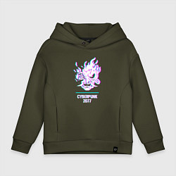 Толстовка оверсайз детская Cyberpunk 2077 в стиле glitch и баги графики, цвет: хаки