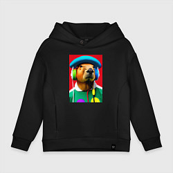 Толстовка оверсайз детская Капибара в наушниках и шляпе - нейросеть, цвет: черный