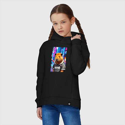 Детское худи оверсайз Cool capybara - urban style - neural network / Черный – фото 3
