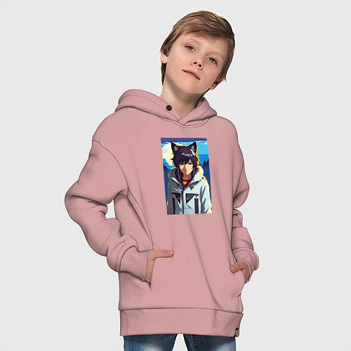 Детское худи оверсайз Девочка-волчонок - аниме / Пыльно-розовый – фото 4