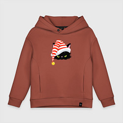 Детское худи оверсайз Новогодний черный кот в новогоднем колпаке