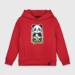 Толстовка оверсайз детская Медвежонок панды в наушниках, цвет: красный