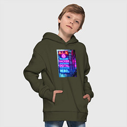 Толстовка оверсайз детская Ai hacker digital rebel - neon glow, цвет: хаки — фото 2