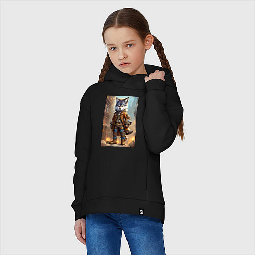 Детское худи оверсайз Прикольный волчонок - стимпанк / Черный – фото 3