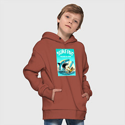 Толстовка оверсайз детская Surfing never alone - shark and surfer, цвет: кирпичный — фото 2