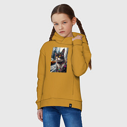Толстовка оверсайз детская Пирсинг Нью-Йоркского кота - нейросеть, цвет: горчичный — фото 2