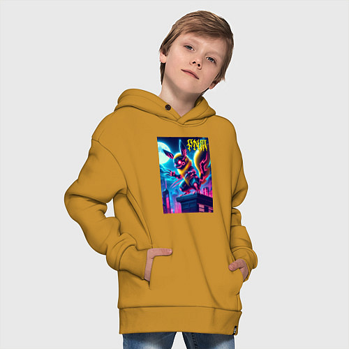Детское худи оверсайз Ужасный Пикачу на крыше небоскрёба - хэллоуин / Горчичный – фото 4
