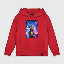 Толстовка оверсайз детская Cyber Pikachu - metal style neon glow, цвет: красный