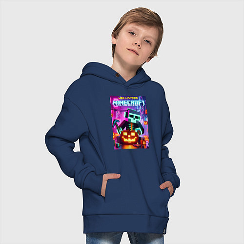 Детское худи оверсайз Skeleton and pumpkin - neon glow / Тёмно-синий – фото 4