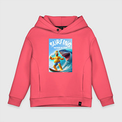 Толстовка оверсайз детская Homer Simpson and shark - surfing never alone, цвет: коралловый