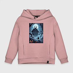 Толстовка оверсайз детская Тоторо и бегущий чёрный кот - хэллоуин, цвет: пыльно-розовый