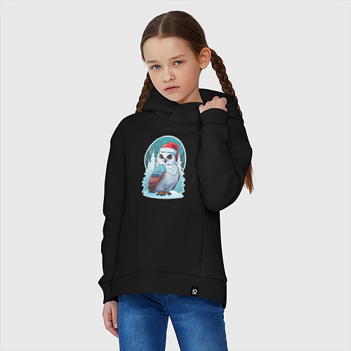 Детское худи оверсайз Полярная сова на фоне зимнего леса / Черный – фото 3