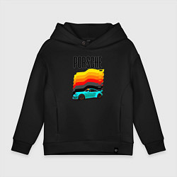 Толстовка оверсайз детская Автомобиль Porsche на фоне флага Германии, цвет: черный
