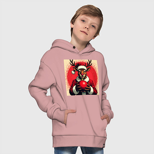 Детское худи оверсайз Рождественский олень Рудольф в шапке Санты / Пыльно-розовый – фото 4