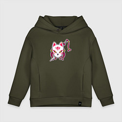 Толстовка оверсайз детская Кошка самурай, цвет: хаки