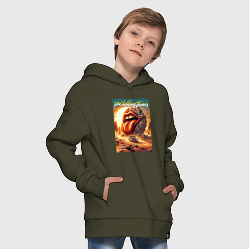 Детское худи оверсайз Rolling Stones - stylization of the logo / Хаки – фото 4