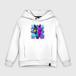 Толстовка оверсайз детская Киберпанк лошадь с неоновыми иероглифами, цвет: белый