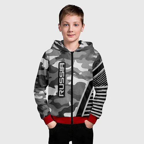 Детская толстовка на молнии Russia: Grey Camo / 3D-Красный – фото 3