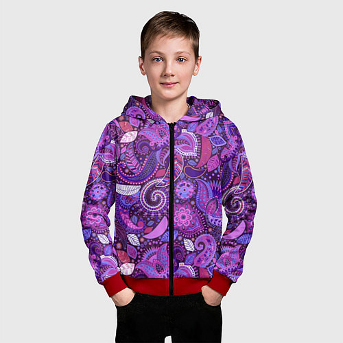 Детская толстовка на молнии Фиолетовый этнический дудлинг / 3D-Красный – фото 3