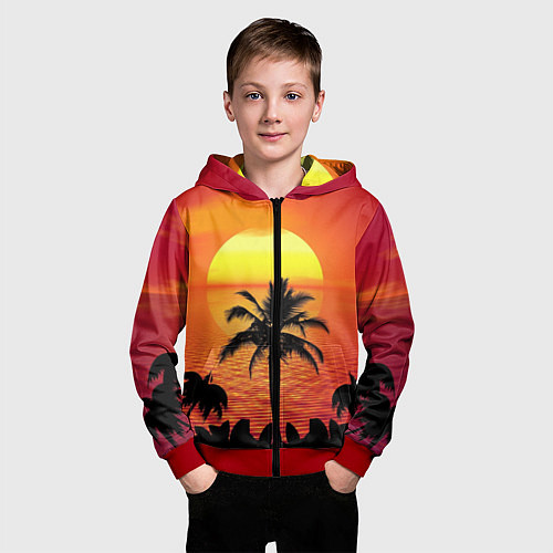 Детская толстовка на молнии Пальмы на фоне моря / 3D-Красный – фото 3