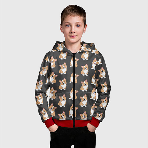 Детская толстовка на молнии Корги малыши / 3D-Красный – фото 3