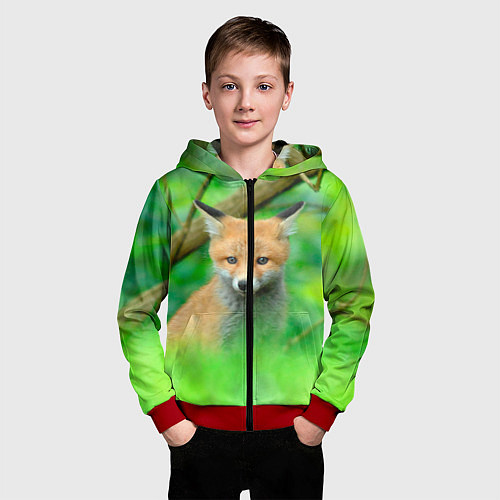 Детская толстовка на молнии Лисенок в зеленом лесу / 3D-Красный – фото 3