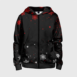 Толстовка на молнии детская КРАСНО БЕЛЫЕ СНЕЖИНКИ НА ЧЁРНОМ ФОНЕ, цвет: 3D-черный