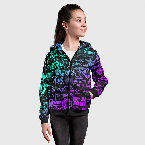 Детская толстовка на молнии ЛОГОТИПЫ РОК ГРУПП НЕОН ROCK NEON / 3D-Черный – фото 4