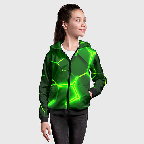 Детская толстовка на молнии 3D ПЛИТЫ НЕОН NEON GREEN HEXAGON РАЗЛОМ / 3D-Черный – фото 4