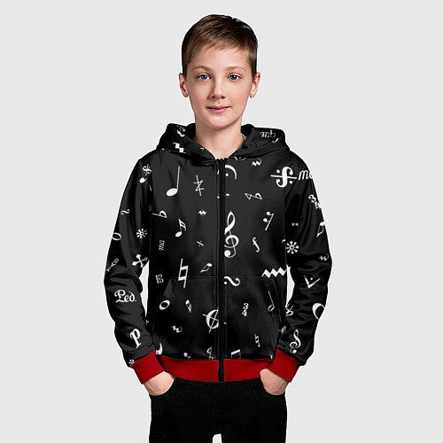 Детская толстовка на молнии Нотные Знаки Белые на Черном / 3D-Красный – фото 3