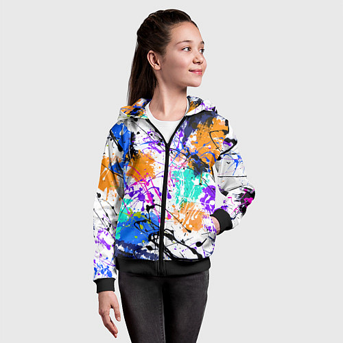 Детская толстовка на молнии Брызги и мазки разноцветных красок на белом фоне / 3D-Черный – фото 4