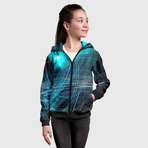 Детская толстовка на молнии Неоновые волны и линии - Голубой / 3D-Черный – фото 4