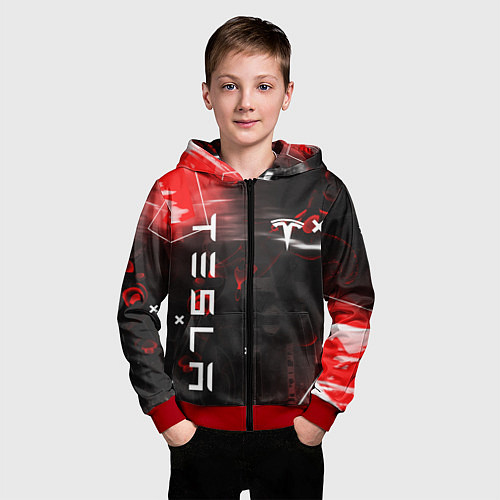 Детская толстовка на молнии TESLA MOTORS - КРАСНЫЙ ГЛИТЧ / 3D-Красный – фото 3