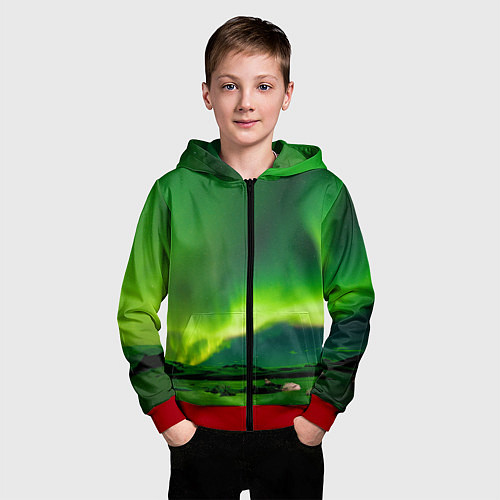 Детская толстовка на молнии Абстрактное полярное сияние - Зелёный / 3D-Красный – фото 3