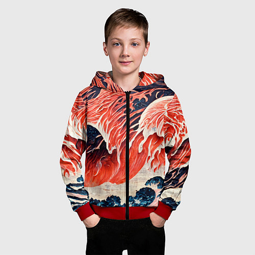 Детская толстовка на молнии Великая красная волна / 3D-Красный – фото 3