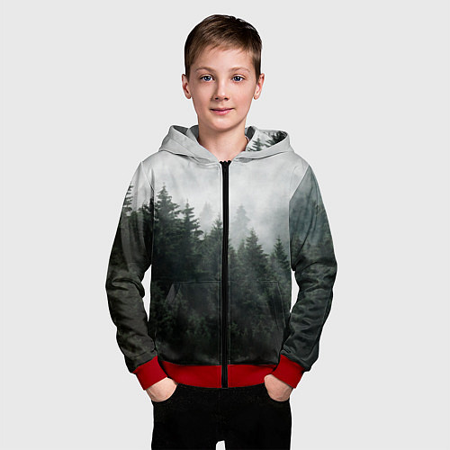 Детская толстовка на молнии Туманный хвойный лес / 3D-Красный – фото 3