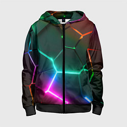 Толстовка на молнии детская Радужный градиент неоновые геометрические плиты, цвет: 3D-черный