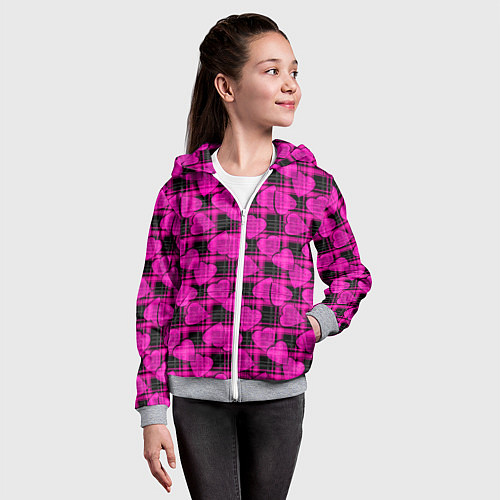 Детская толстовка на молнии Black and pink hearts pattern on checkered / 3D-Меланж – фото 4