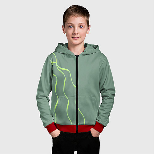 Детская толстовка на молнии Абстрактные зеленые линии на фоне цвета хаки / 3D-Красный – фото 3