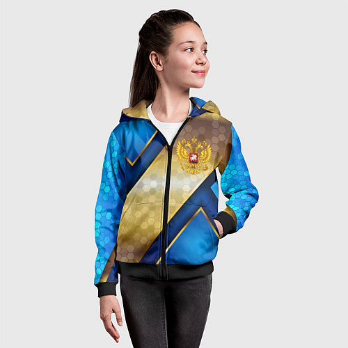 Детская толстовка на молнии Золотой герб России на синем объемном фоне / 3D-Черный – фото 4